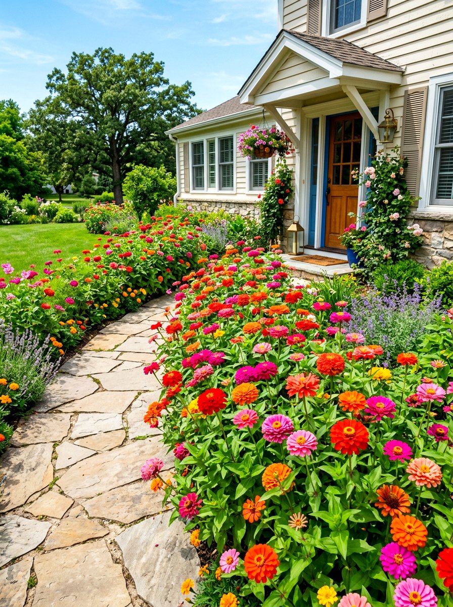 Zinnia Garden Border - 30 floral doorway ideas