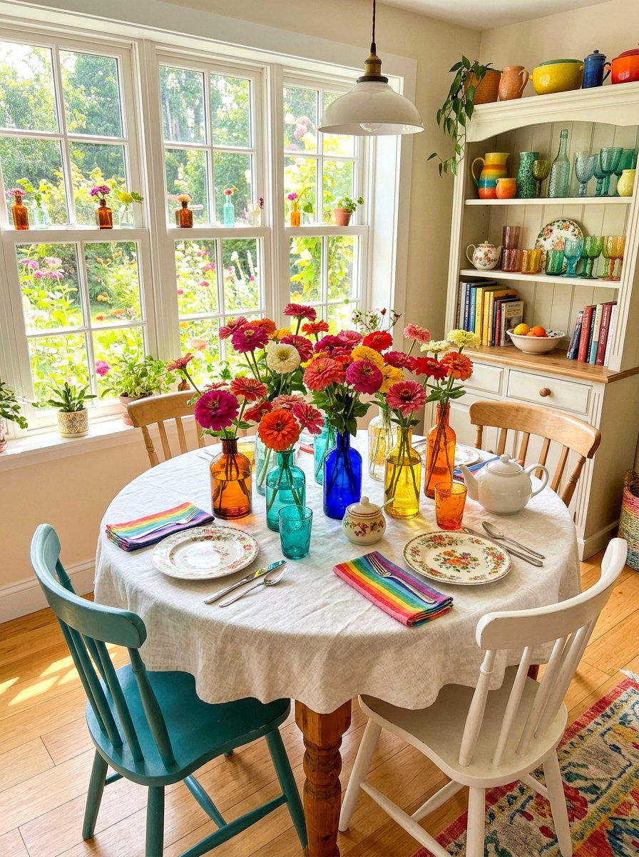 Zinnias in colorful glassware - 30 market bouquet decor ideas