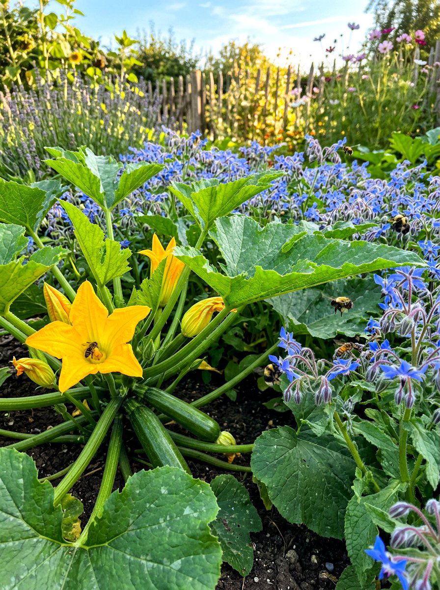 Zucchini and borage pollinator garden - 30 vegetable garden companion planting ideas
